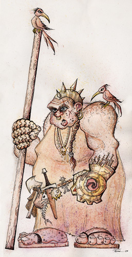 Brum: a large fat man with a staff and birds