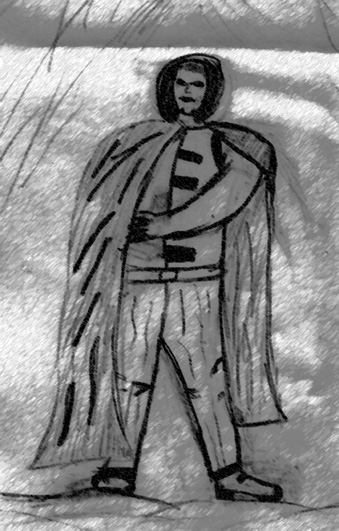 Tettles: sketched wearing a cloak in a woodland setting
